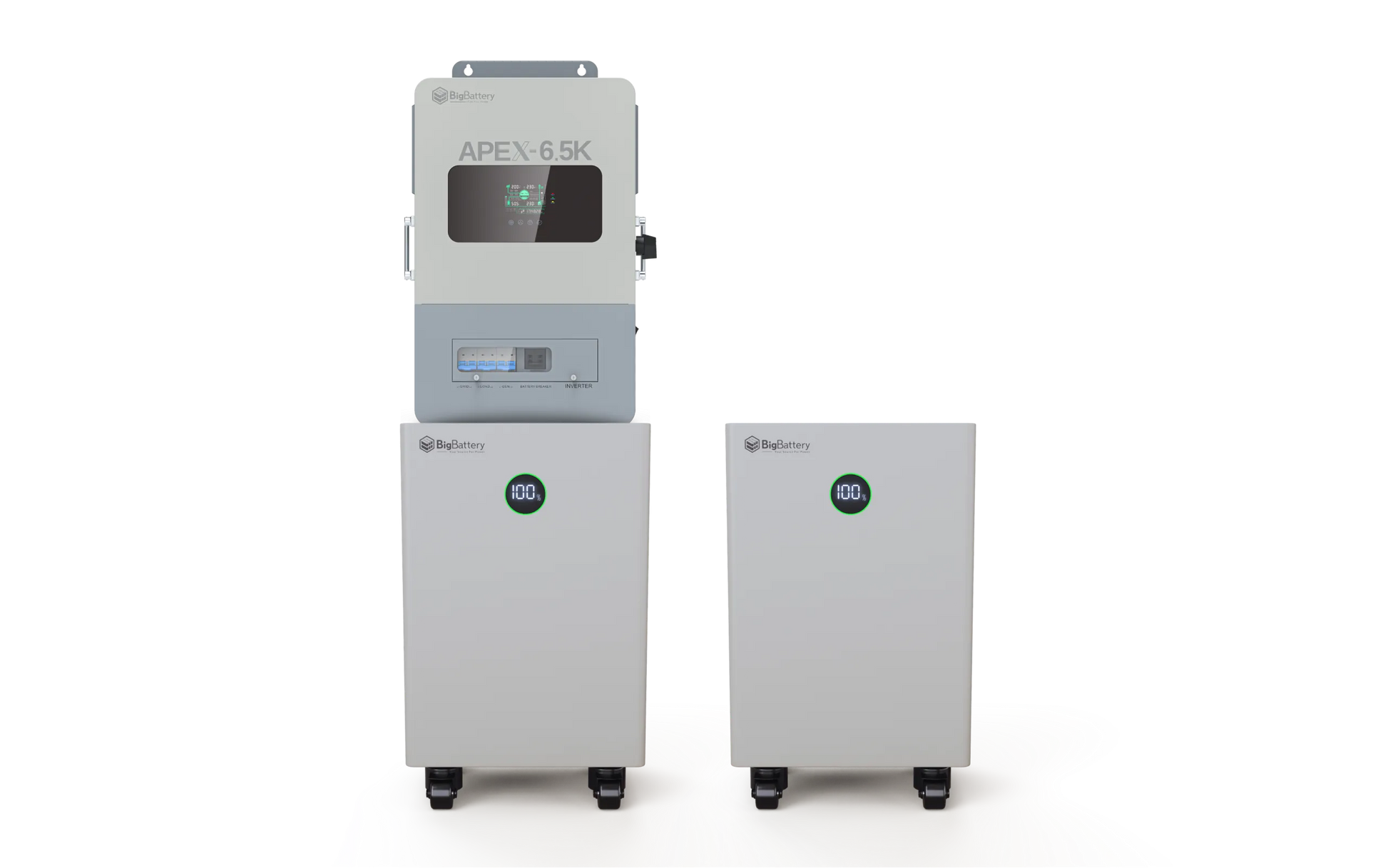 Two gray battery storage units with digital displays, each reading 100, stand beside a larger control panel labeled APEX-6.5K from BigBattery. All three devices are set against a plain white background that evokes the clean look of a modern card, while understated IBM Plex Sans text enhances the contemporary aesthetic.