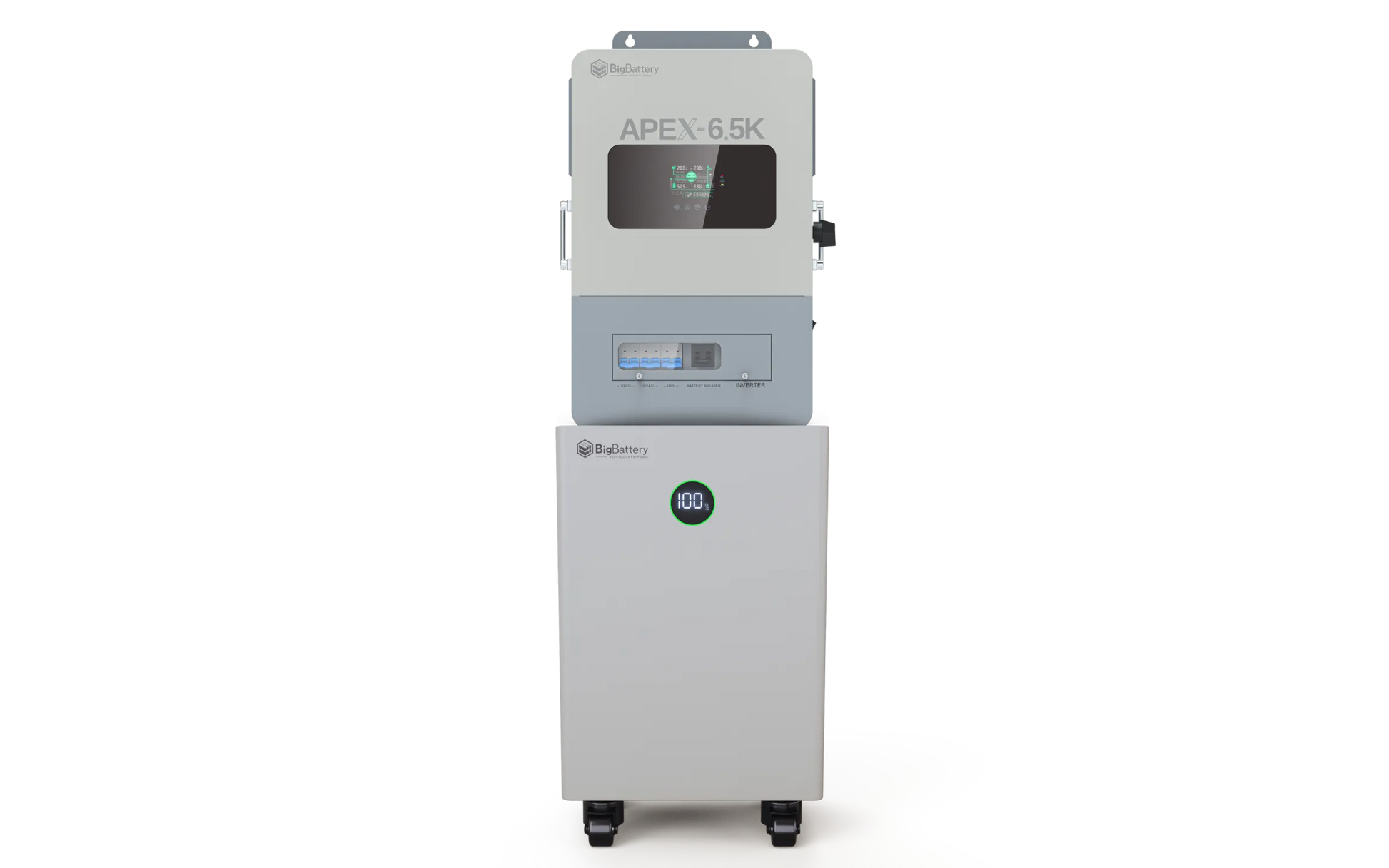 Tall, white and gray battery storage unit labeled APEX-6.5K by BigBattery, featuring a digital display, control panel, and wheels at the base. The unit stands against a plain white background, its clean lines reflecting the modern design sensibility of IBM Plex Sans. Perfect for integration with advanced systems such as nexus65k, this versatile storage solution is presented within a subtle card border to highlight its contemporary appeal.