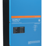 A blue Victron MultiPlus-II pure sine wave inverter/charger is mounted in a black frame, featuring visible product details and labels on its front panel.