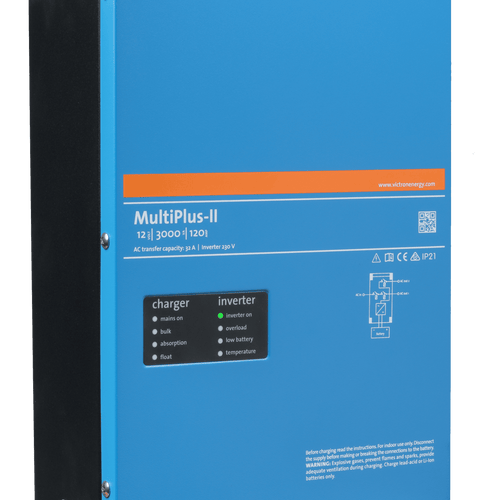 A blue Victron MultiPlus-II pure sine wave inverter/charger is mounted in a black frame, featuring visible product details and labels on its front panel.