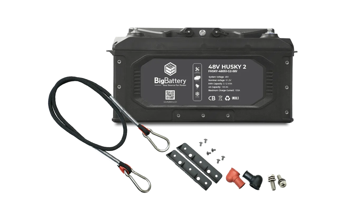 A black 48V BigBattery Husky 2 battery, featuring the BigBattery logo, is displayed on a white background with a subtle box shadow for depth. The product is accompanied by two steel cables, mounting hardware, and electrical connectors.