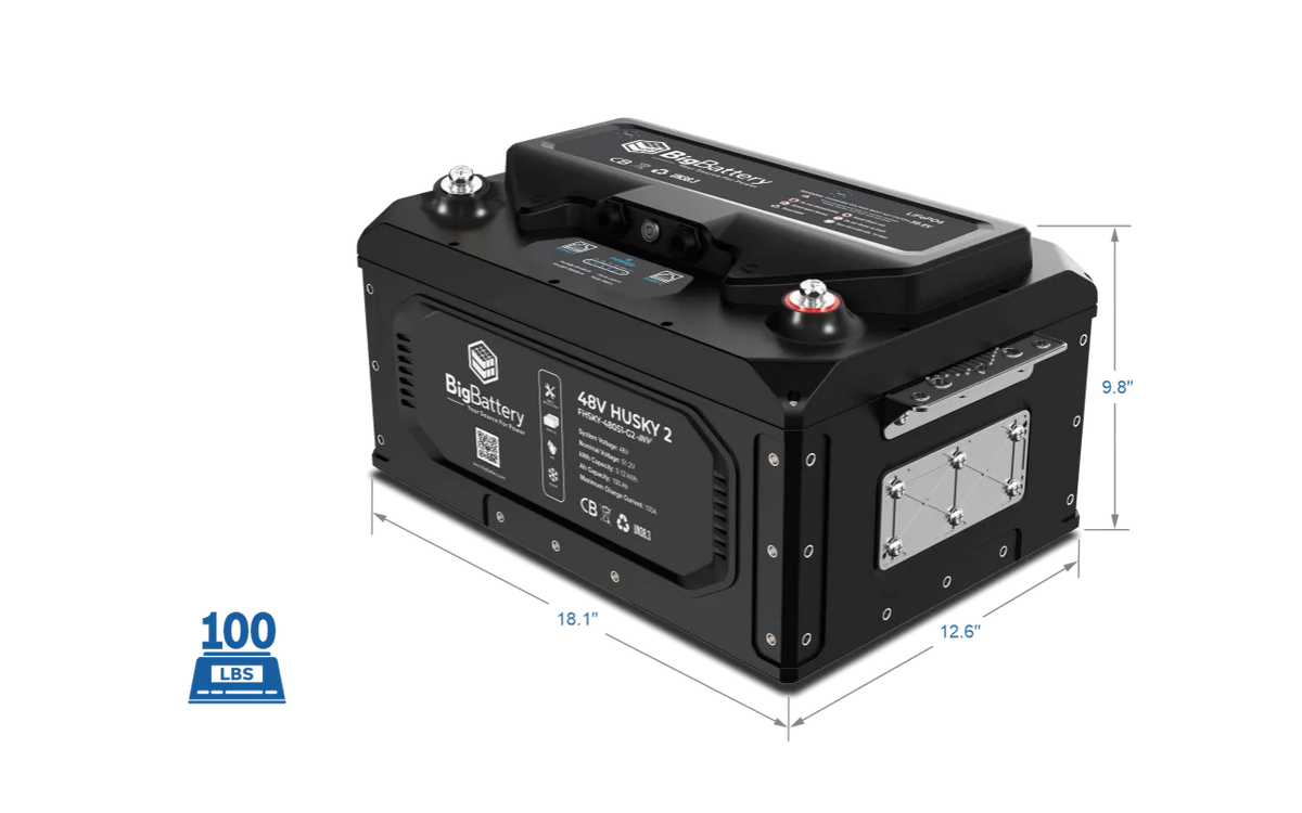 A large black BigBattery 48V battery, measuring 18.1 x 12.6 x 9.8 inches and weighing 100 lbs (as indicated by a weight icon), features prominent labels, ports, and a convenient top handle. The battery showcases a sleek border radius for a modern look, while the label text is set in the IBM Plex Sans font family for optimal readability.