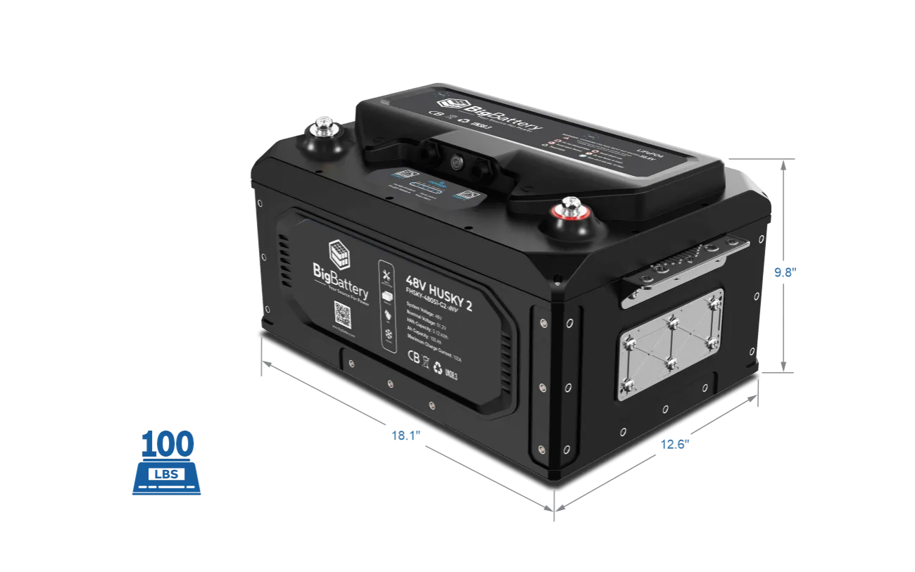 A black Eco Solar Kits 48V HUSKY 2 battery with labeled dimensions—18.1" long, 12.6" wide, and 9.8" high—is displayed on a white background and weighs 100 lbs. The provided product description contains only CSS code and does not include any important SEO keywords or product details.
