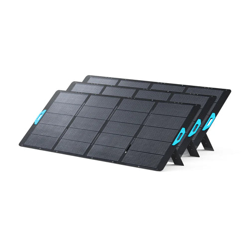 Three Anker SOLIX PS400 Solar Panels with black surfaces and blue handles are set side by side, each propped on a stand, delivering 400W solar power and IP67 waterproof protection for reliable outdoor energy collection.