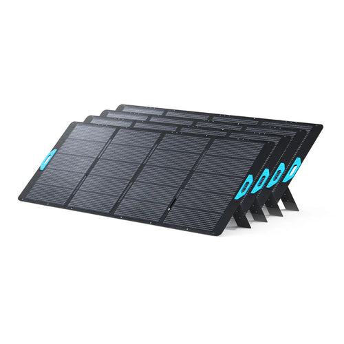 Four black Anker SOLIX PS400 Solar Panels with blue accents, each delivering 400W solar power and IP67 waterproof protection, stand upright on sturdy kickstands in a row against a plain white background.
