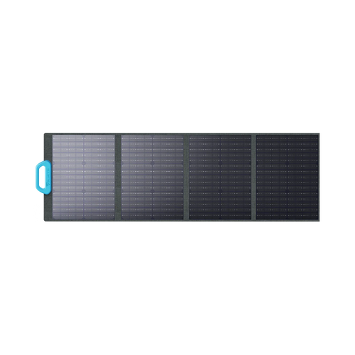 The Bluetti foldable, portable solar panel with four rectangular sections and a blue handle features efficient monocrystalline cells in a grid pattern, making it ideal for charging Bluetti generators on the go.