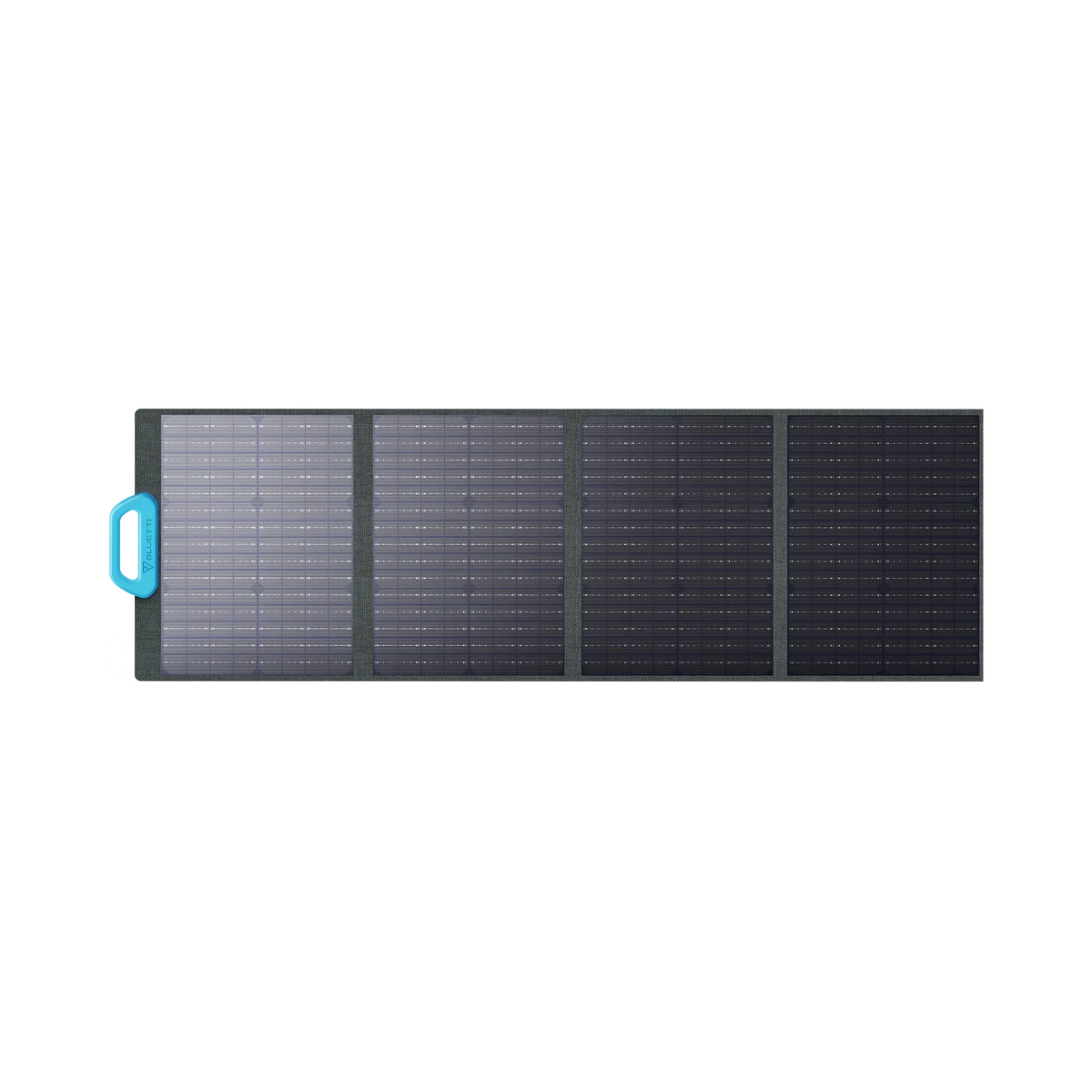 The Bluetti foldable, portable solar panel with four rectangular sections and a blue handle features efficient monocrystalline cells in a grid pattern, making it ideal for charging Bluetti generators on the go.