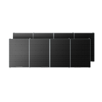 A set of eight Bluetti PV420 dark monocrystalline solar panels arranged in two staggered rows, displayed against a transparent background.