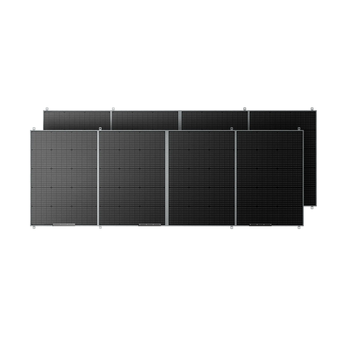 A set of eight Bluetti PV420 dark monocrystalline solar panels arranged in two staggered rows, displayed against a transparent background.