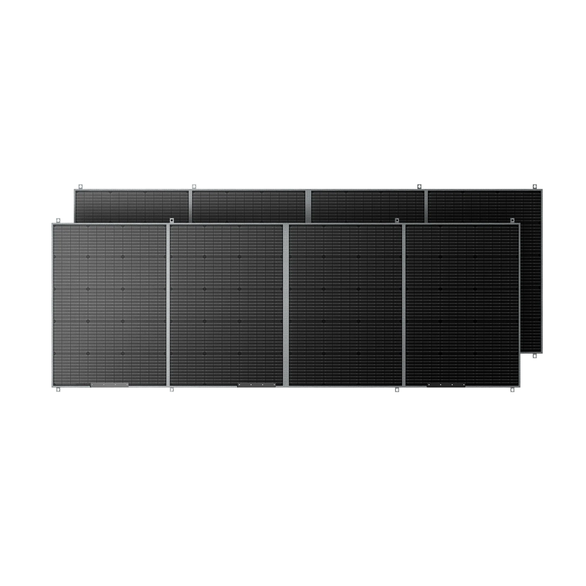 A set of eight Bluetti PV420 dark monocrystalline solar panels arranged in two staggered rows, displayed against a transparent background.