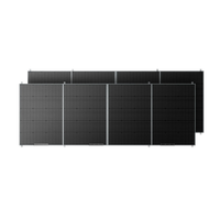 A set of eight Bluetti PV420 dark monocrystalline solar panels arranged in two staggered rows, displayed against a transparent background.
