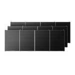 Three large, rectangular Bluetti solar panels with monocrystalline cells are arranged in an overlapping row against a solid black background.