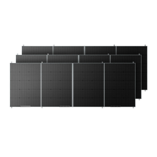 Three large, rectangular Bluetti solar panels with monocrystalline cells are arranged in an overlapping row against a solid black background.