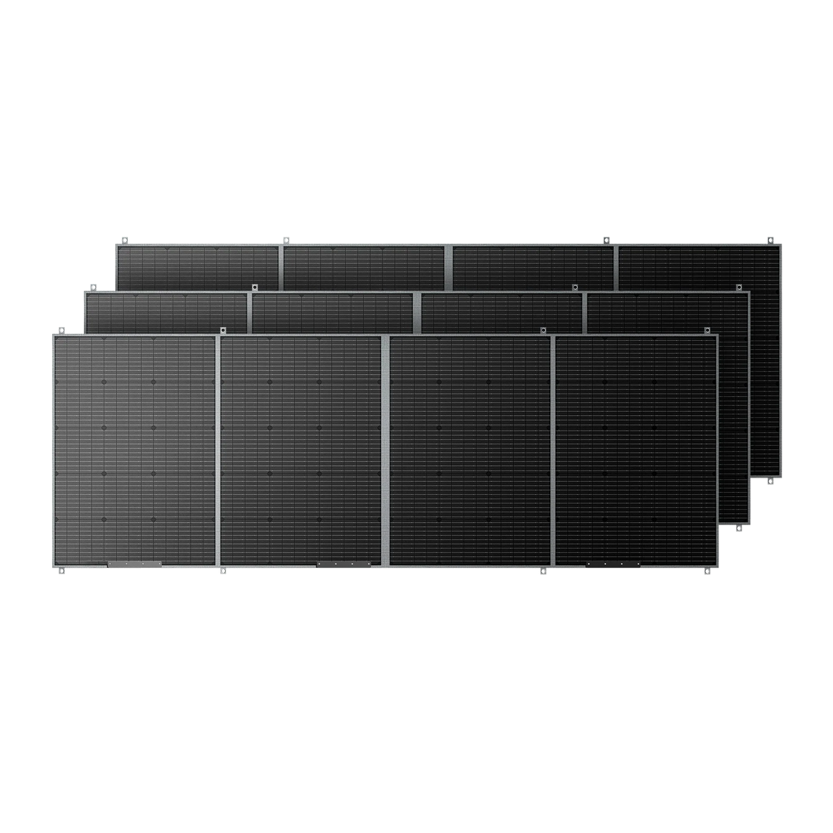 Three large, rectangular Bluetti solar panels with monocrystalline cells are arranged in an overlapping row against a solid black background.