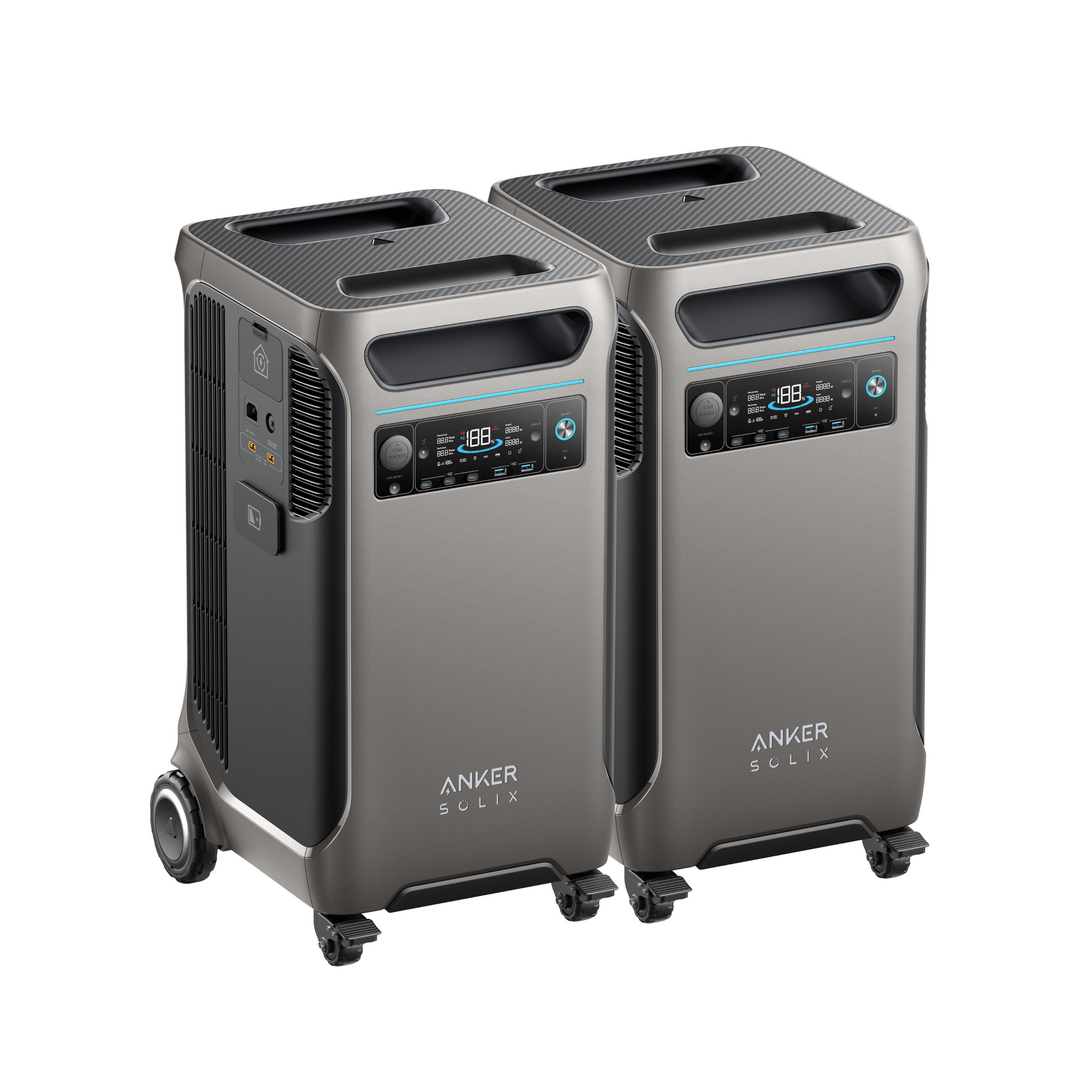 Two sleek, gray Anker portable power stations with digital displays and control panels, each on four wheels for easy transport, are shown side by side on a white background.