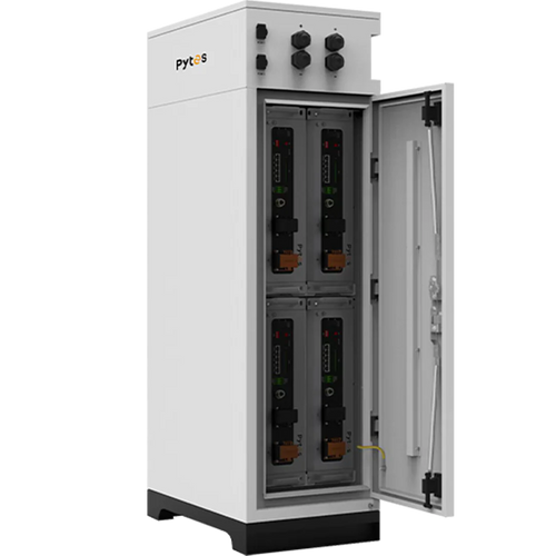 A tall white Pytes cabinet with its door open reveals four vertically stacked LiFePO4 battery modules and control panels for advanced energy storage inside.