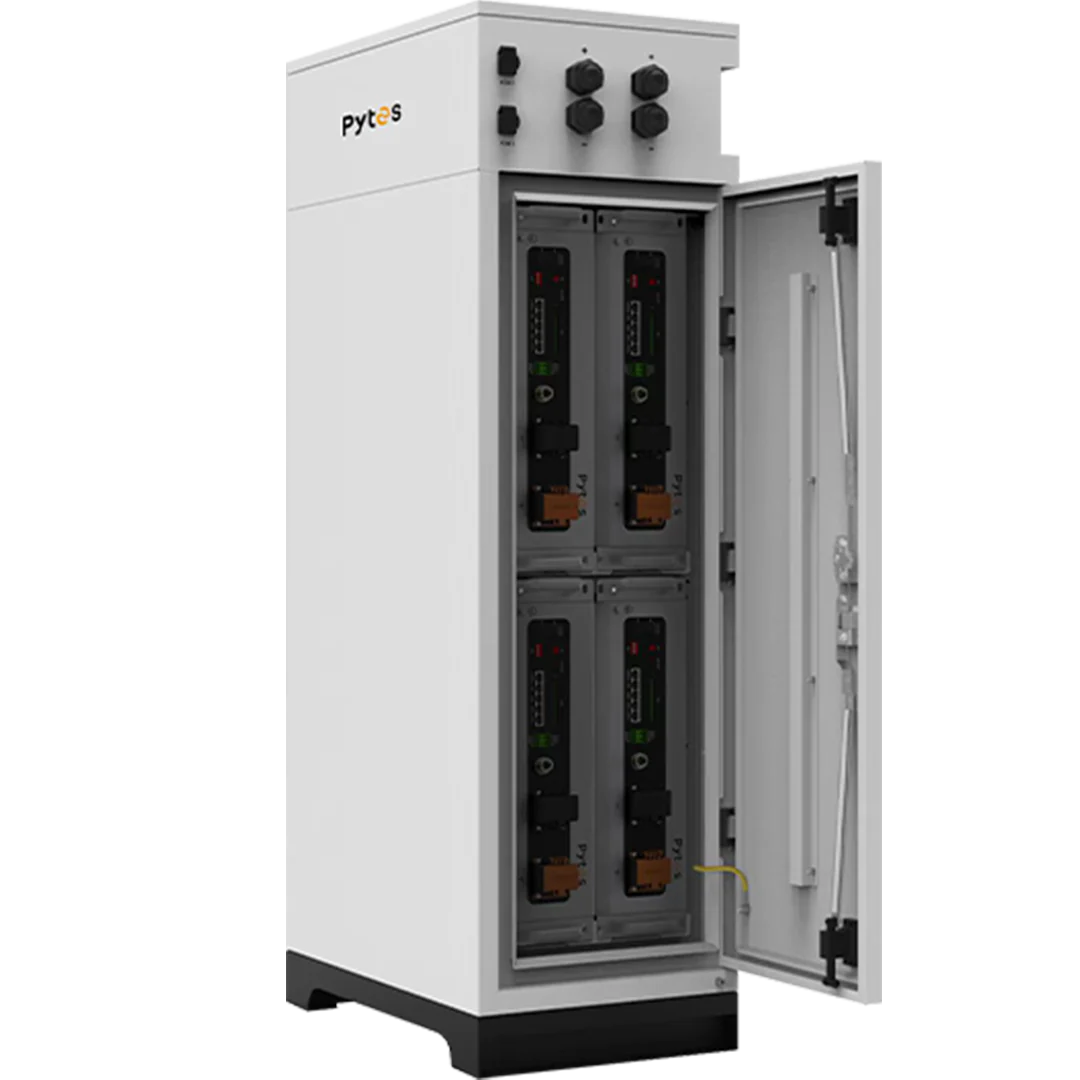 A tall white Pytes cabinet with its door open reveals four vertically stacked LiFePO4 battery modules and control panels for advanced energy storage inside.