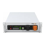 The Pytes V-BOX-OC is a rectangular white LiFePO₄ battery module with front ports, indicator lights, and switches, designed for rack mounting in outdoor cabinets for energy storage systems.