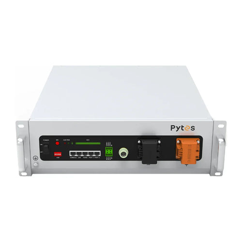 A Pytes white rack-mounted LiFePO4 battery unit features front-panel indicator lights, ports, switches, and connectors for use in efficient energy storage systems.