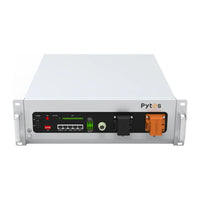 A Pytes white rack-mounted LiFePO4 battery unit features front-panel indicator lights, ports, switches, and connectors for use in efficient energy storage systems.