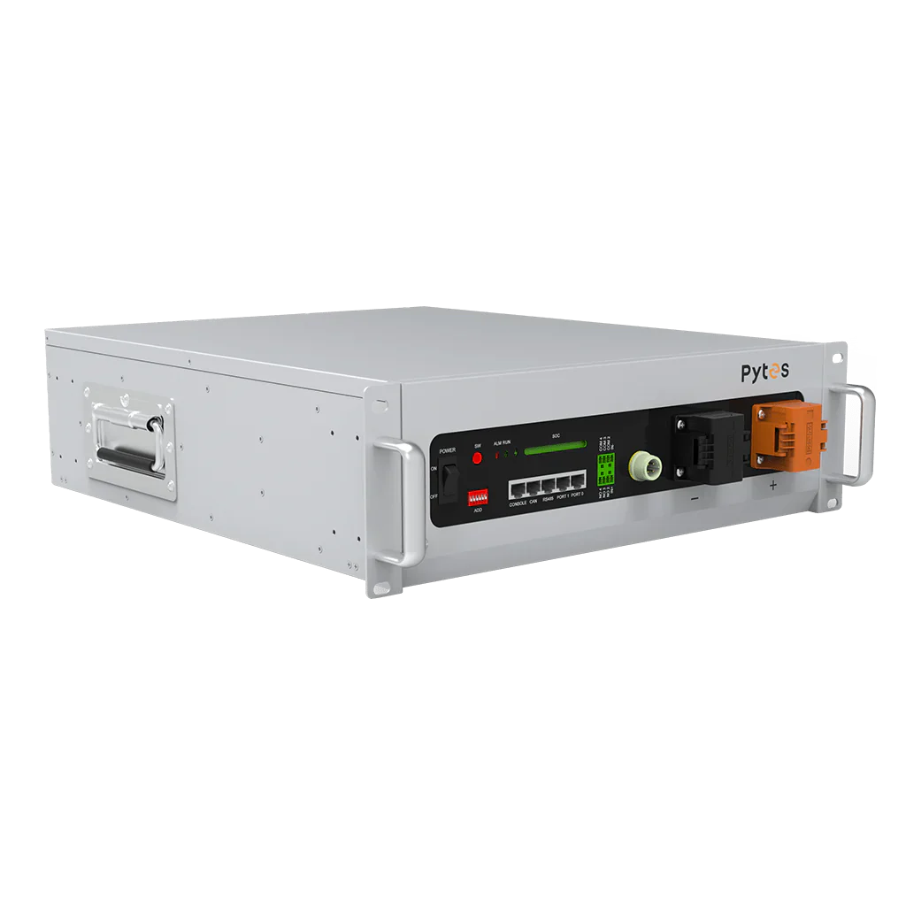 A rectangular, rack-mounted Pytes device with silver handles, front ports, indicator lights, digital display, and the Pytes logo on the right side—perfect for use with LiFePO₄ batteries.
