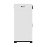 A tall, rectangular white Pytes device—the V-BOX-OC outdoor battery cabinet—stands upright on four black feet, with the “Pytes” brand name in black and orange near the top, shown against a plain background.
