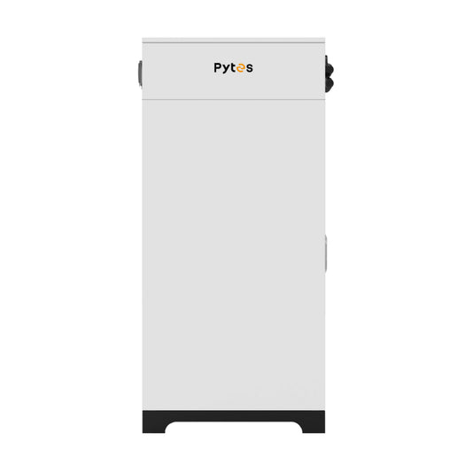 A tall, rectangular white Pytes device—the V-BOX-OC outdoor battery cabinet—stands upright on four black feet, with the “Pytes” brand name in black and orange near the top, shown against a plain background.