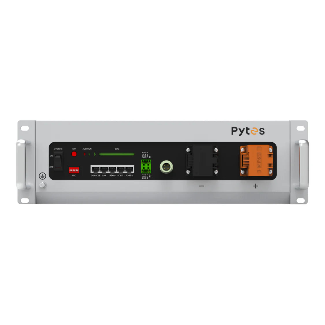 Front view of a Pytes rack-mount LiFePO4 battery module for energy storage, equipped with LED indicators, switches, ports, terminal connections, and side handles.