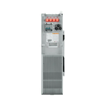 A tall, rectangular EG4 industrial electrical panel with switches, circuit breakers, UL-certified battery warning labels, and ventilation grilles is shown from the front against a plain white background.