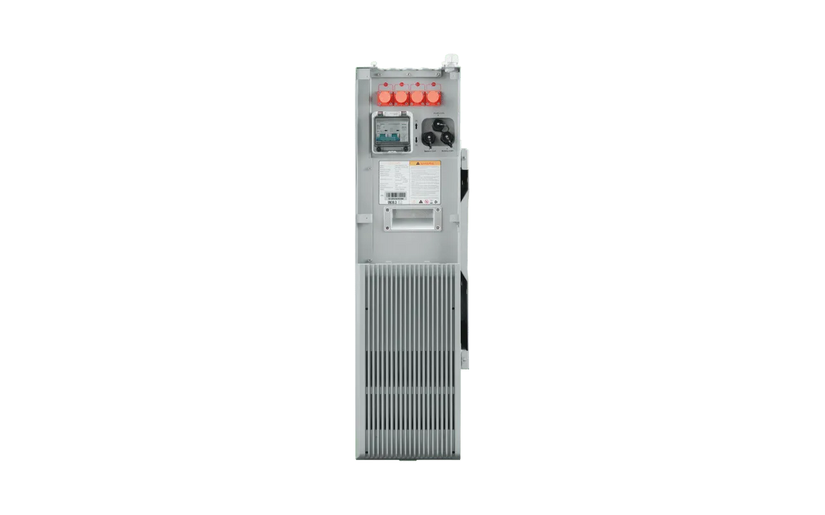 A tall, rectangular EG4 industrial electrical panel with switches, circuit breakers, UL-certified battery warning labels, and ventilation grilles is shown from the front against a plain white background.
