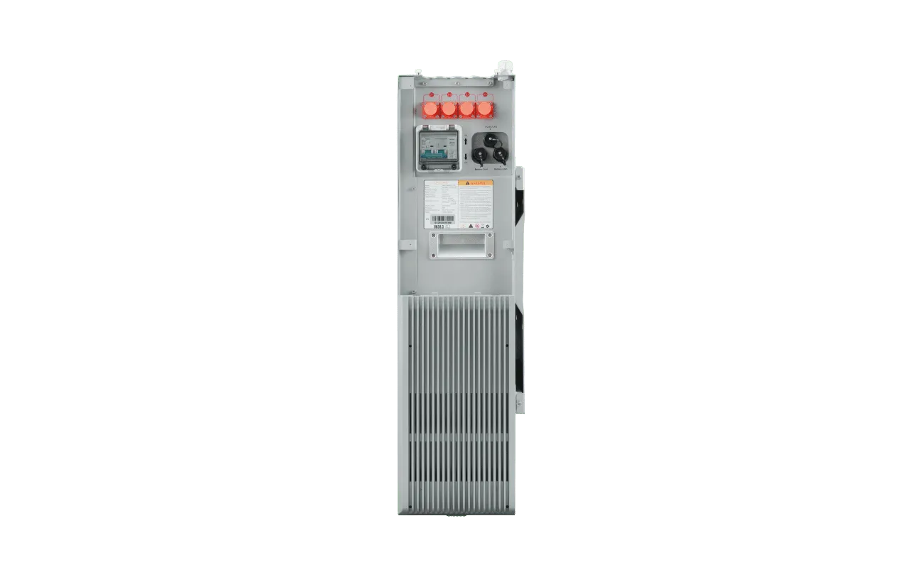A tall, rectangular EG4 industrial electrical panel with switches, circuit breakers, UL-certified battery warning labels, and ventilation grilles is shown from the front against a plain white background.