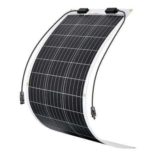 The Rich Solar 100-watt flexible monocrystalline panel features a white backing, grid-like cells, two cables with connectors at each end, and four corner mounting holes—perfect for off-grid use.