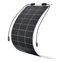 The Rich Solar 100-watt flexible monocrystalline panel features a white backing, grid-like cells, two cables with connectors at each end, and four corner mounting holes—perfect for off-grid use.
