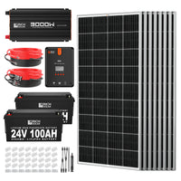 The Rich Solar 1600W solar panel kit includes six panels, a 3000W inverter, MPPT controller, two 24V 100Ah lithium batteries, plus cables, connectors, and mounting accessories all neatly arranged.