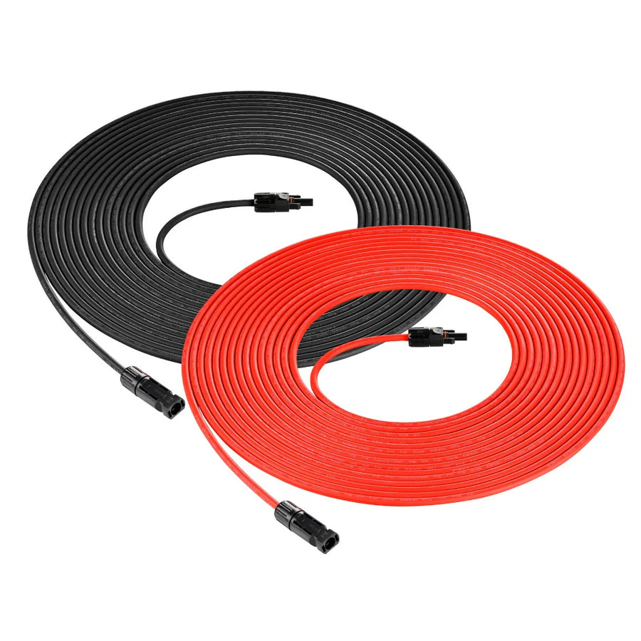 Two coiled Rich Solar cables, one black and one red, each with connectors on both ends, are placed side by side on a white background—ideal for connecting Lithium Batteries in your Off-Grid Solar Kit.