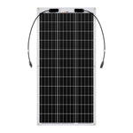The Rich Solar 100-watt flexible solar panel features a rectangular design with black photovoltaic cells, white borders, and two attached black cables with connectors at the top corners—ideal for off-grid uses.