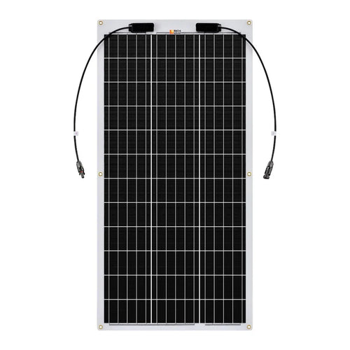 The Rich Solar 100-watt flexible solar panel features a rectangular design with black photovoltaic cells, white borders, and two attached black cables with connectors at the top corners—ideal for off-grid uses.