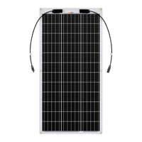 The Rich Solar 100-watt flexible solar panel features a rectangular design with black photovoltaic cells, white borders, and two attached black cables with connectors at the top corners—ideal for off-grid uses.