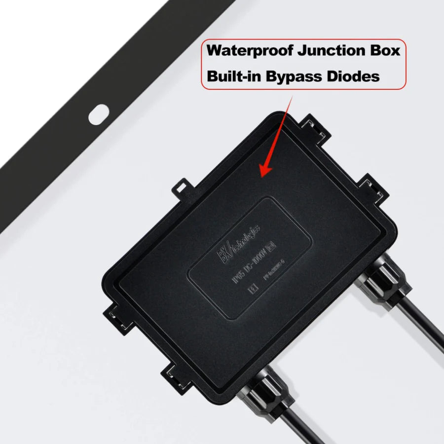 Close-up of a Rich Solar black waterproof junction box with built-in bypass diodes, connected to cables on an off-grid solar panel. A red arrow points to it and a label highlights its waterproof and bypass diode features.