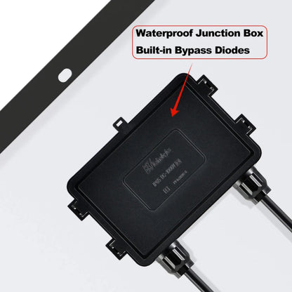 Close-up of a Rich Solar black waterproof junction box with built-in bypass diodes, connected to cables on an off-grid solar panel. A red arrow points to it and a label highlights its waterproof and bypass diode features.