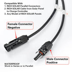 Two black Rich Solar connectors, labeled female (negative) and male (positive), feature compatibility info, support series/parallel use, and are waterproof—perfect for off-grid projects or monocrystalline solar panel setups on a white background.