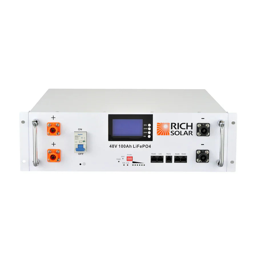 The Rich Solar rack-mounted LiFePO4 battery features a digital display, switches, ports, and labeled power connectors—an ideal green energy solution for efficient energy storage.