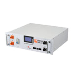 The Rich Solar 48V 100Ah LiFePO4 battery is designed for green energy use, with a white case, digital display, control buttons, ports, and orange/black terminal connectors on the front panel.
