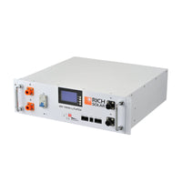The Rich Solar 48V 100Ah LiFePO4 battery is designed for green energy use, with a white case, digital display, control buttons, ports, and orange/black terminal connectors on the front panel.