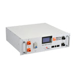A rectangular white LiFePO4 battery unit from Rich Solar, featuring a display screen, indicator lights, control buttons, and multiple connection ports on the front—an efficient green energy storage solution.