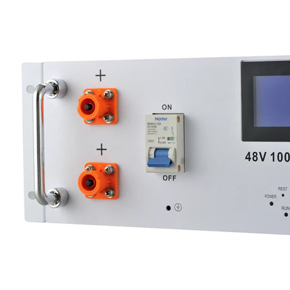 Close-up of a Rich Solar LiFePO4 battery front panel featuring two orange terminals (plus and minus), blue ON/OFF switch, handle, small button, and 48V 100 digital display—ideal for energy storage.