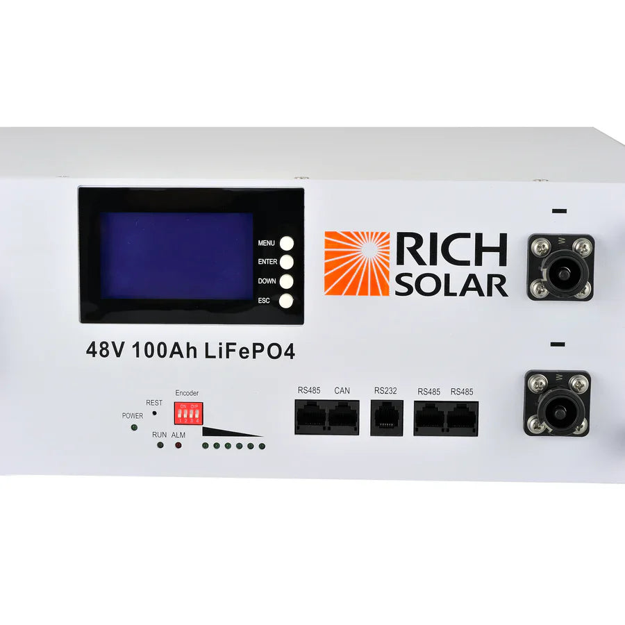 Front view of a Rich Solar 48V 100Ah LiFePO4 battery, featuring display screen, control buttons, indicator lights, connection ports, and Rich Solar branding on a white panel.