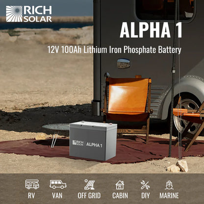A lithium battery and camping chair near a trailer in the desert; text reads “Rich Solar Alpha 1, 12.8V 100Ah LiFePO4 Battery” with icons for RV, van, off-grid, cabin, DIY projects, and marine use.