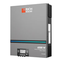 A gray Rich Solar RS-H6548 6500W pure sine wave inverter, designed for 48VDC/120VAC systems, features a digital display with bottom buttons and a smart battery charger.
