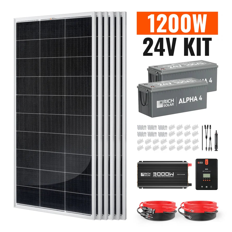A 1200W 24V solar kit with six solar panels, two batteries, inverter, cables, connectors, and a charge controller—crafted with attention to detail as precise as the right ink or font-family in design. This comprehensive set offers a seamless blend of reliability and innovation for your off-grid power needs.